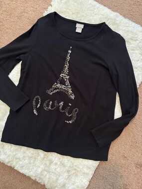Chico's Black Long Sleeve Tee with Jeweled Eiffel Tower, 0